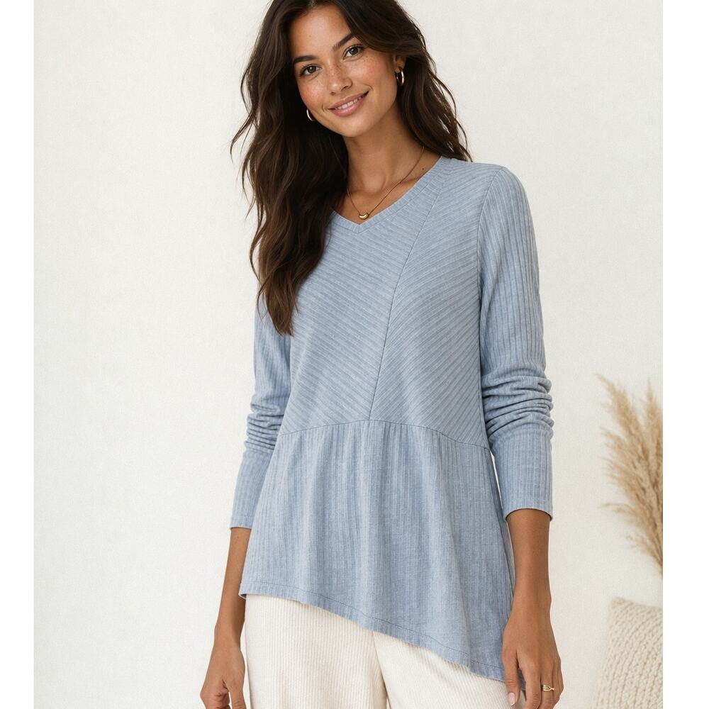 Soft Surroundings Rib Knit Tunic PM Blue Cozy Lounge Top